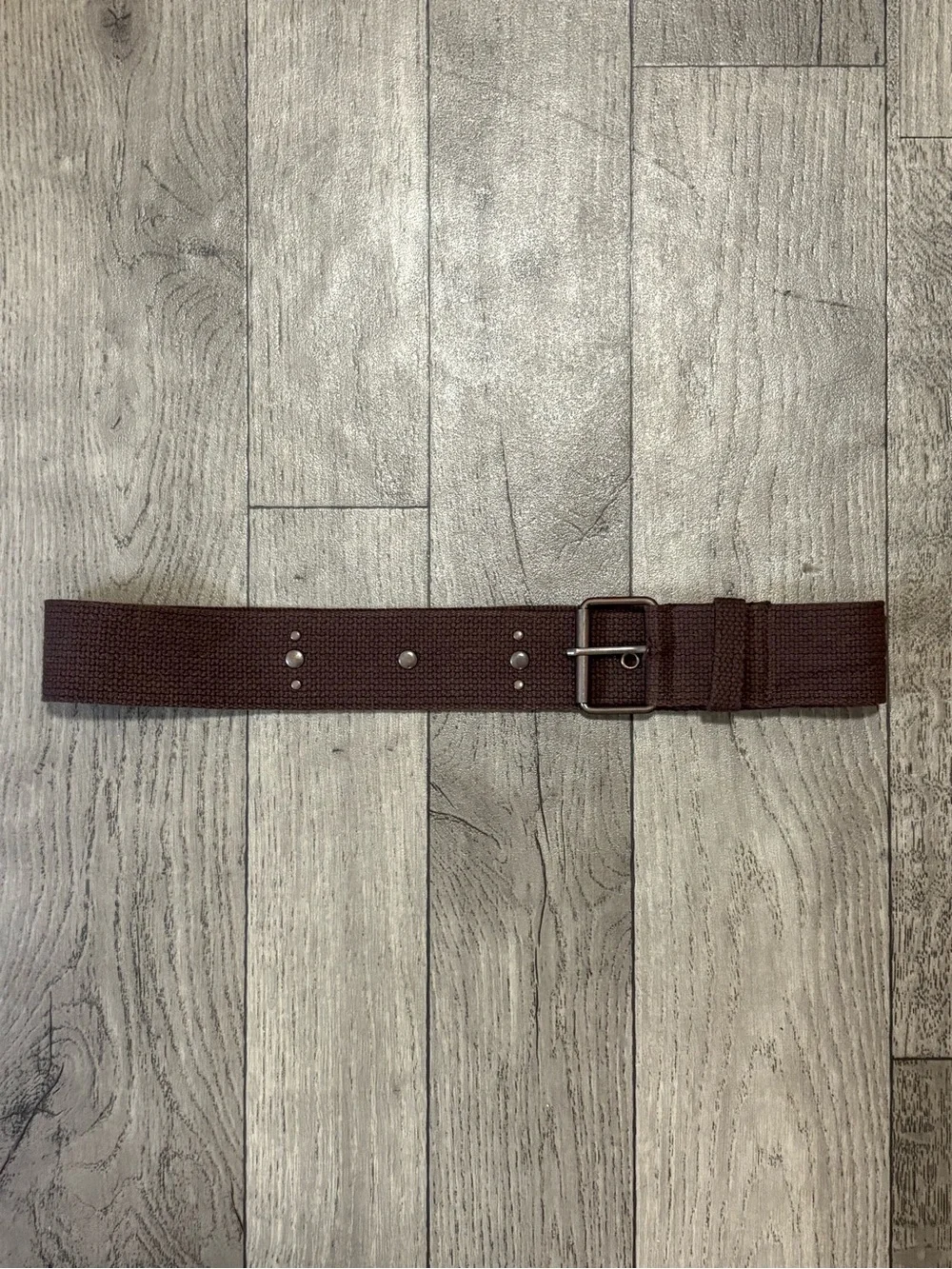 Brown Woven Canvas Belt with Studs and Bronze Metal Buckle